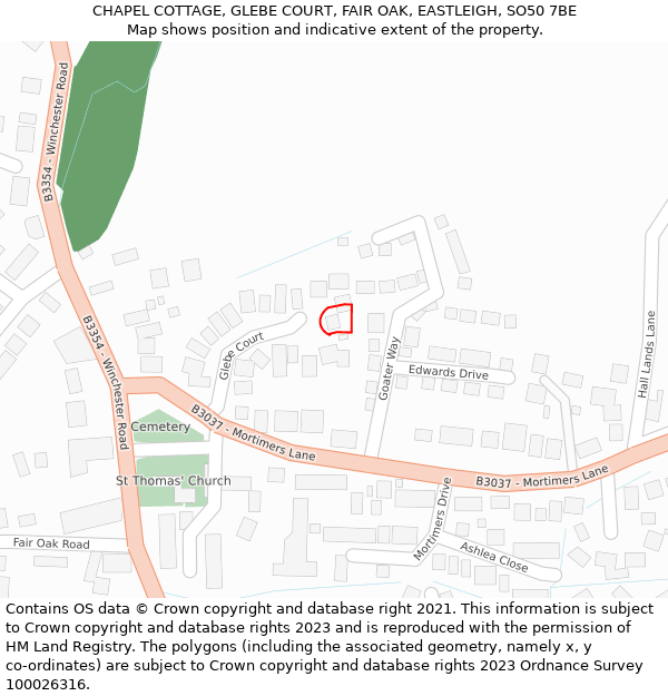 CHAPEL COTTAGE, GLEBE COURT, FAIR OAK, EASTLEIGH, SO50 7BE: Location map and indicative extent of plot