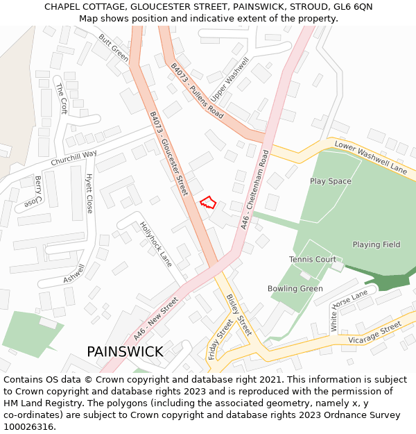 CHAPEL COTTAGE, GLOUCESTER STREET, PAINSWICK, STROUD, GL6 6QN: Location map and indicative extent of plot