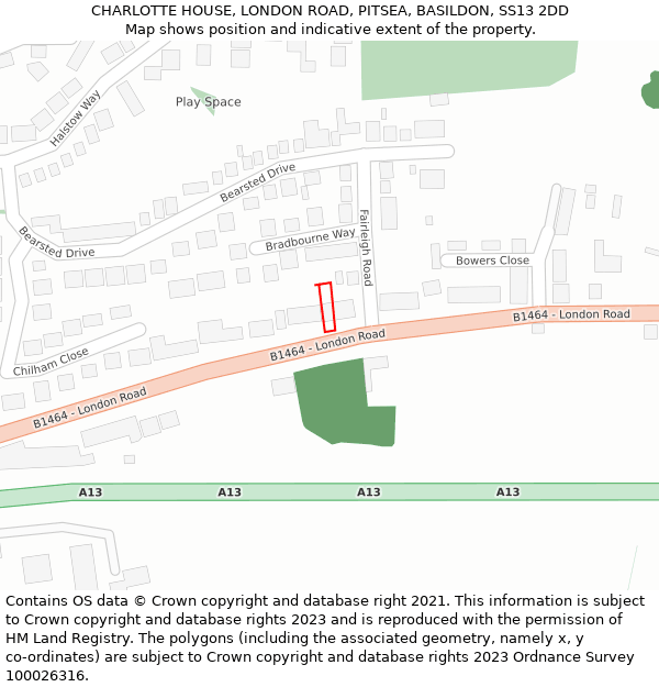 CHARLOTTE HOUSE, LONDON ROAD, PITSEA, BASILDON, SS13 2DD: Location map and indicative extent of plot