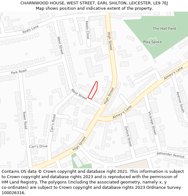 CHARNWOOD HOUSE, WEST STREET, EARL SHILTON, LEICESTER, LE9 7EJ: Location map and indicative extent of plot