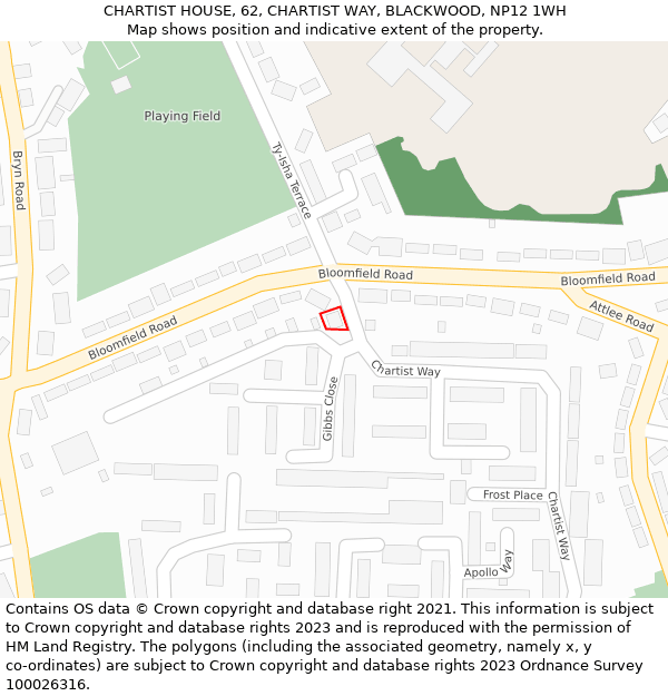 CHARTIST HOUSE, 62, CHARTIST WAY, BLACKWOOD, NP12 1WH: Location map and indicative extent of plot