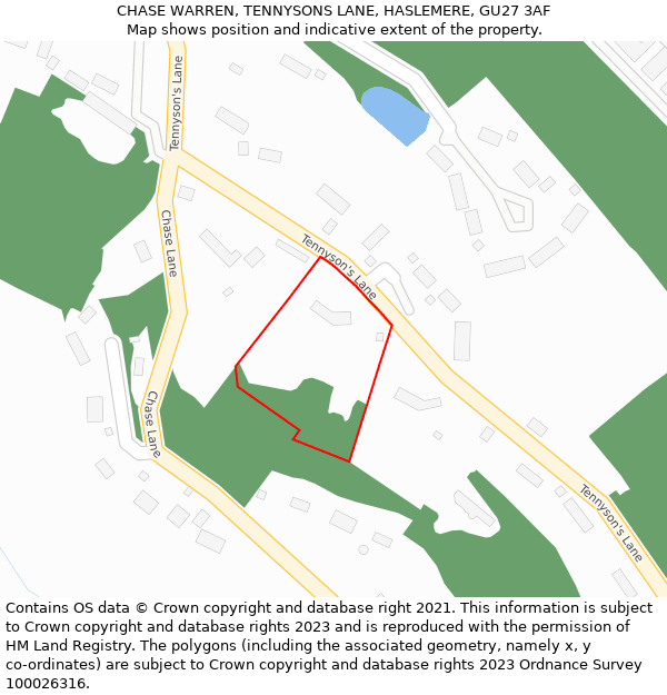 CHASE WARREN, TENNYSONS LANE, HASLEMERE, GU27 3AF: Location map and indicative extent of plot