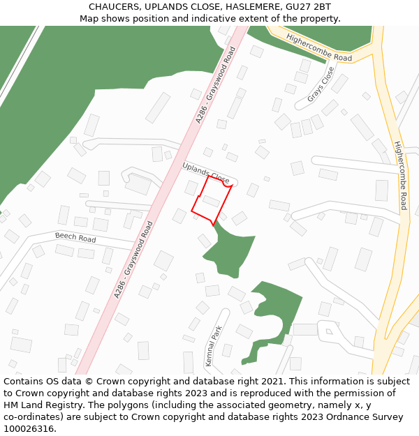 CHAUCERS, UPLANDS CLOSE, HASLEMERE, GU27 2BT: Location map and indicative extent of plot