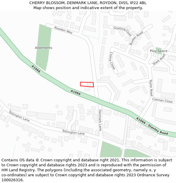 CHERRY BLOSSOM, DENMARK LANE, ROYDON, DISS, IP22 4BL: Location map and indicative extent of plot