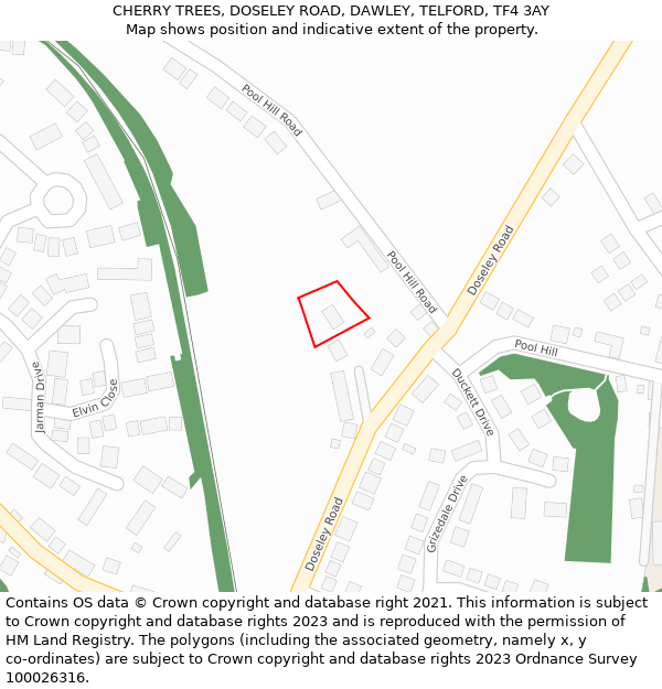 CHERRY TREES, DOSELEY ROAD, DAWLEY, TELFORD, TF4 3AY: Location map and indicative extent of plot