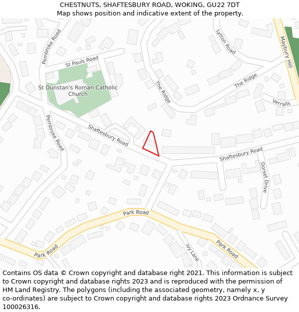 CHESTNUTS, SHAFTESBURY ROAD, WOKING, GU22 7DT: Location map and indicative extent of plot
