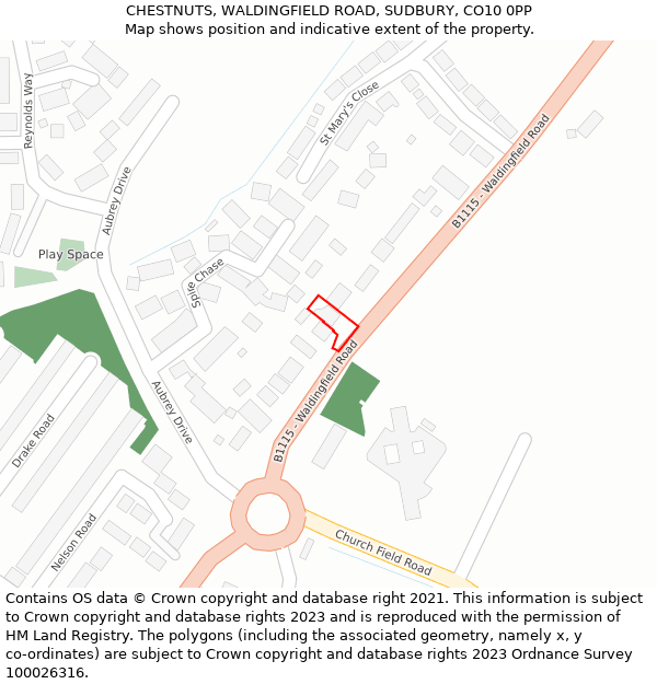 CHESTNUTS, WALDINGFIELD ROAD, SUDBURY, CO10 0PP: Location map and indicative extent of plot