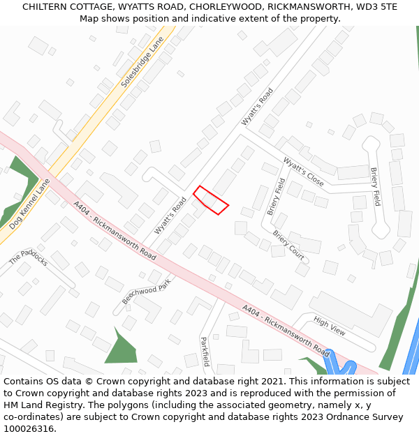 CHILTERN COTTAGE, WYATTS ROAD, CHORLEYWOOD, RICKMANSWORTH, WD3 5TE: Location map and indicative extent of plot