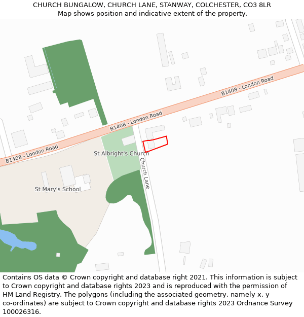 CHURCH BUNGALOW, CHURCH LANE, STANWAY, COLCHESTER, CO3 8LR: Location map and indicative extent of plot