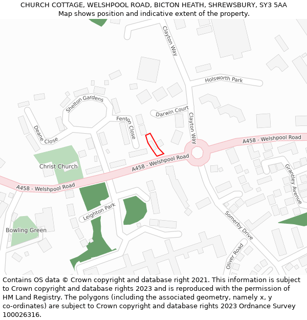 CHURCH COTTAGE, WELSHPOOL ROAD, BICTON HEATH, SHREWSBURY, SY3 5AA: Location map and indicative extent of plot