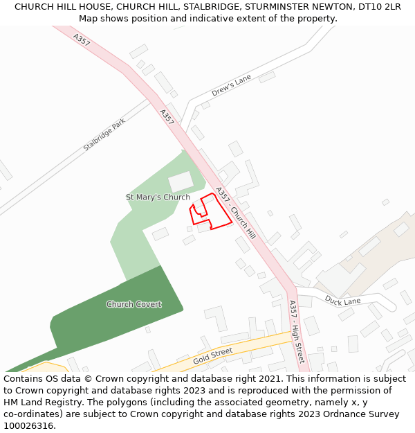 CHURCH HILL HOUSE, CHURCH HILL, STALBRIDGE, STURMINSTER NEWTON, DT10 2LR: Location map and indicative extent of plot