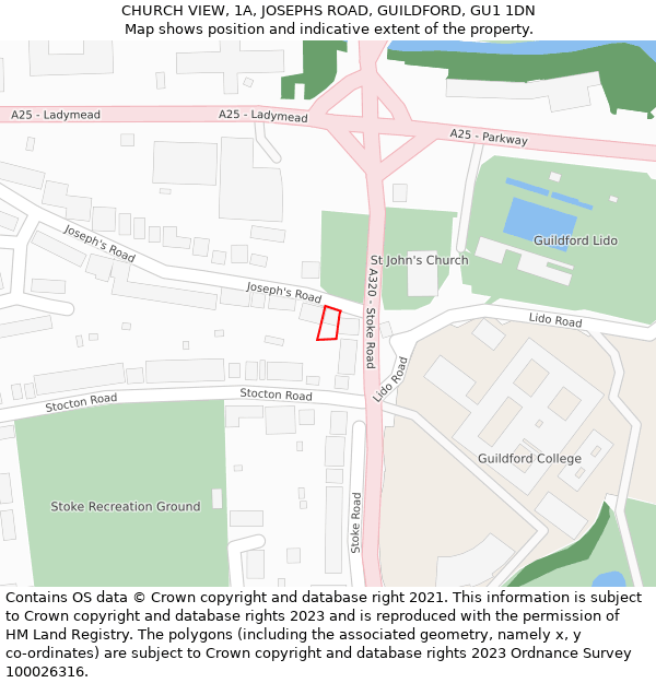 CHURCH VIEW, 1A, JOSEPHS ROAD, GUILDFORD, GU1 1DN: Location map and indicative extent of plot