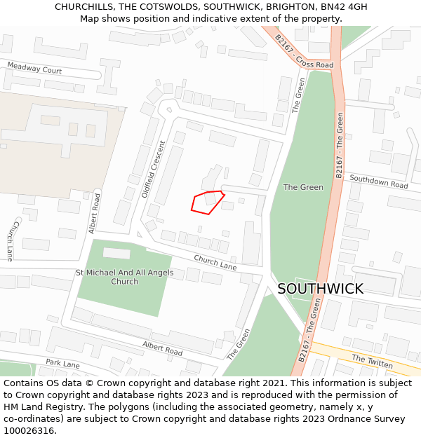 CHURCHILLS, THE COTSWOLDS, SOUTHWICK, BRIGHTON, BN42 4GH: Location map and indicative extent of plot