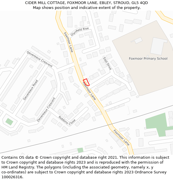 CIDER MILL COTTAGE, FOXMOOR LANE, EBLEY, STROUD, GL5 4QD: Location map and indicative extent of plot