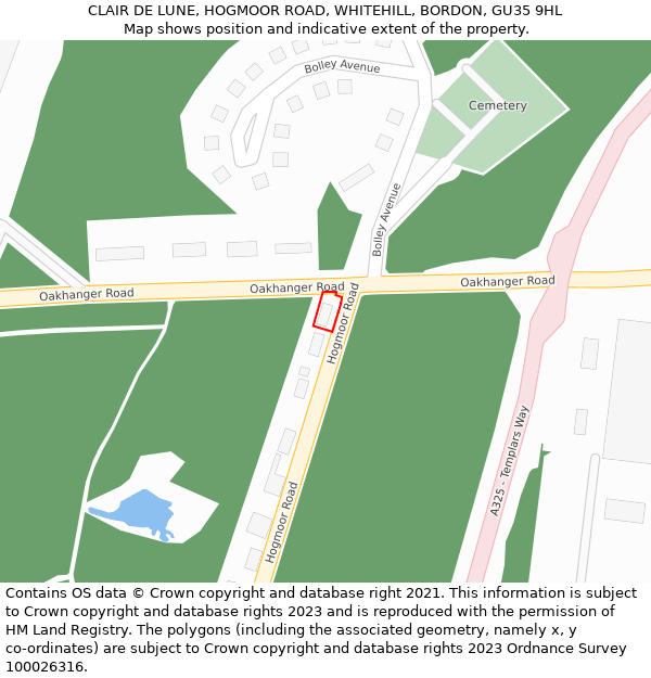 CLAIR DE LUNE, HOGMOOR ROAD, WHITEHILL, BORDON, GU35 9HL: Location map and indicative extent of plot