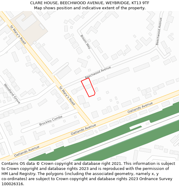 CLARE HOUSE, BEECHWOOD AVENUE, WEYBRIDGE, KT13 9TF: Location map and indicative extent of plot