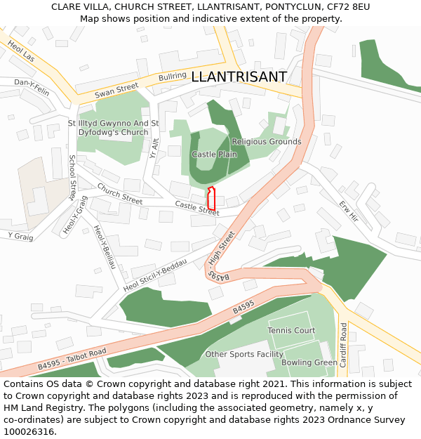 CLARE VILLA, CHURCH STREET, LLANTRISANT, PONTYCLUN, CF72 8EU: Location map and indicative extent of plot