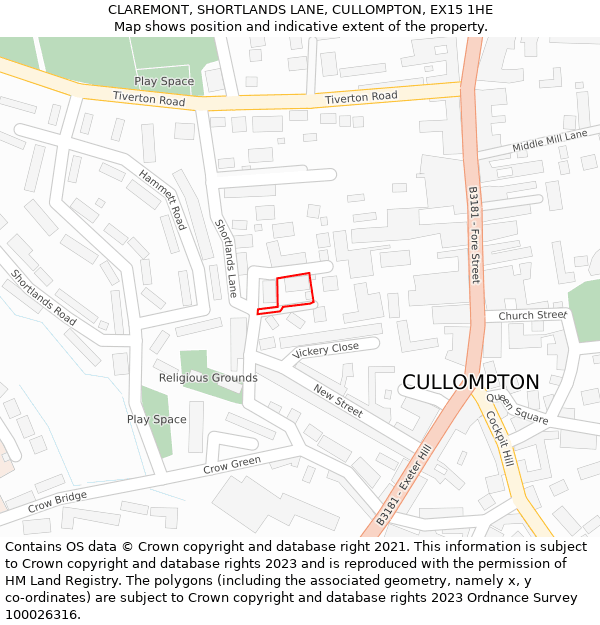 CLAREMONT, SHORTLANDS LANE, CULLOMPTON, EX15 1HE: Location map and indicative extent of plot