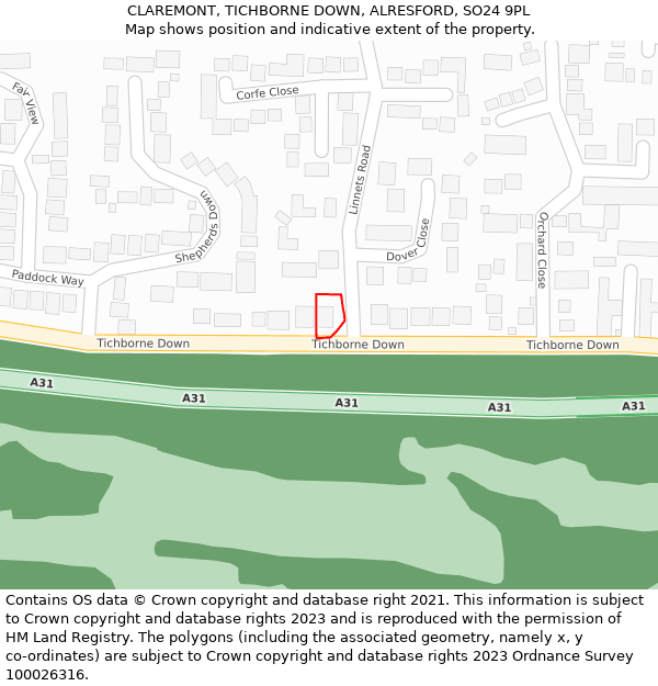 CLAREMONT, TICHBORNE DOWN, ALRESFORD, SO24 9PL: Location map and indicative extent of plot
