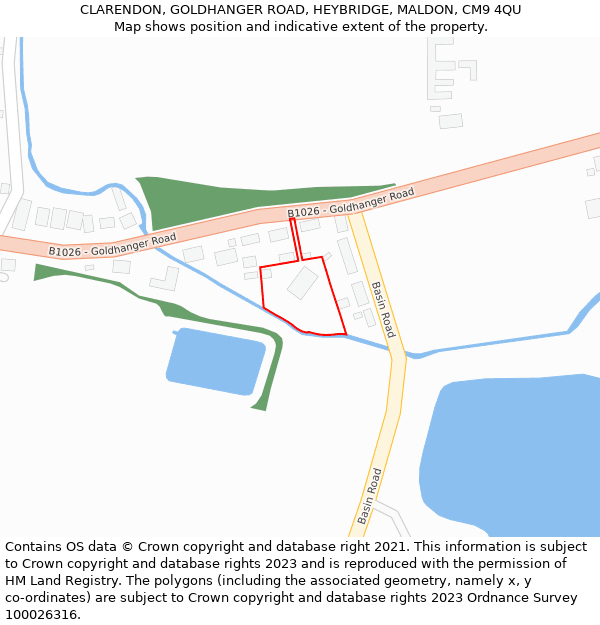 CLARENDON, GOLDHANGER ROAD, HEYBRIDGE, MALDON, CM9 4QU: Location map and indicative extent of plot