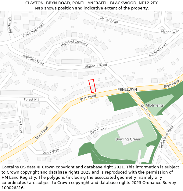 CLAYTON, BRYN ROAD, PONTLLANFRAITH, BLACKWOOD, NP12 2EY: Location map and indicative extent of plot