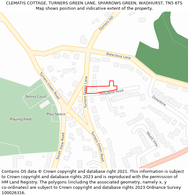 CLEMATIS COTTAGE, TURNERS GREEN LANE, SPARROWS GREEN, WADHURST, TN5 6TS: Location map and indicative extent of plot