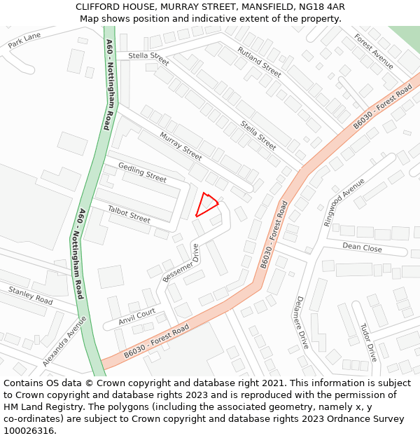 CLIFFORD HOUSE, MURRAY STREET, MANSFIELD, NG18 4AR: Location map and indicative extent of plot