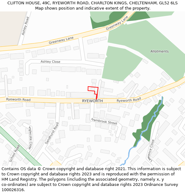 CLIFTON HOUSE, 49C, RYEWORTH ROAD, CHARLTON KINGS, CHELTENHAM, GL52 6LS: Location map and indicative extent of plot