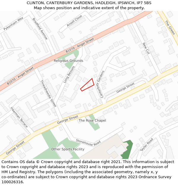 CLINTON, CANTERBURY GARDENS, HADLEIGH, IPSWICH, IP7 5BS: Location map and indicative extent of plot