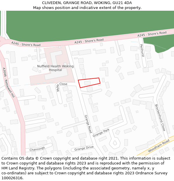 CLIVEDEN, GRANGE ROAD, WOKING, GU21 4DA: Location map and indicative extent of plot