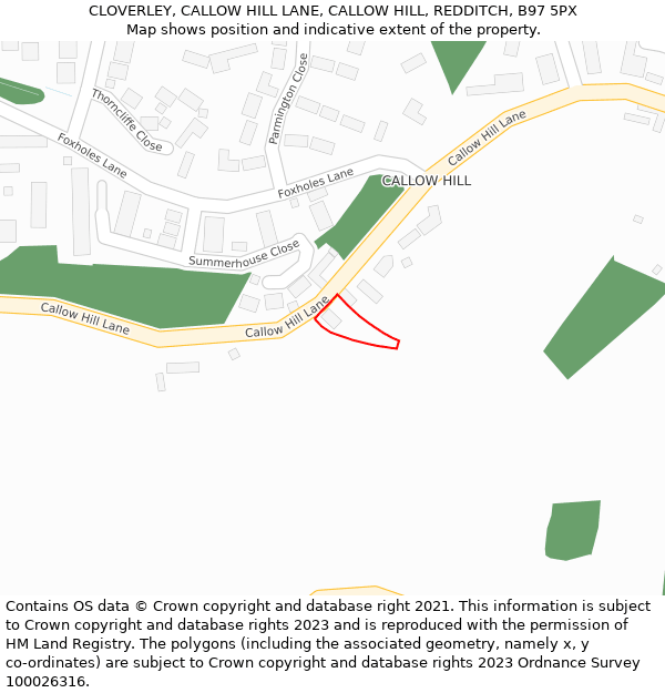 CLOVERLEY, CALLOW HILL LANE, CALLOW HILL, REDDITCH, B97 5PX: Location map and indicative extent of plot