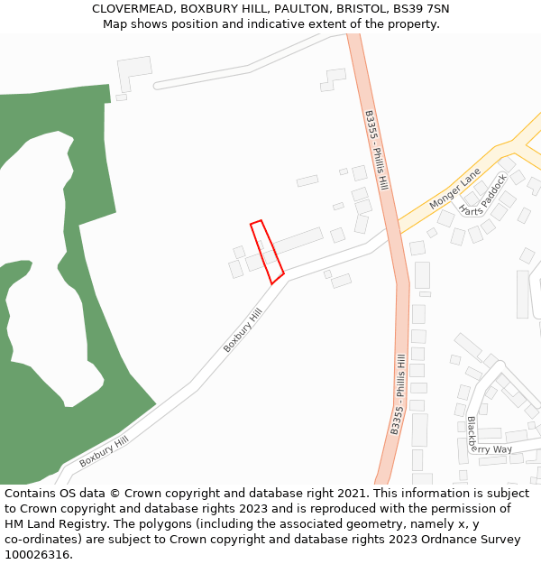 CLOVERMEAD, BOXBURY HILL, PAULTON, BRISTOL, BS39 7SN: Location map and indicative extent of plot