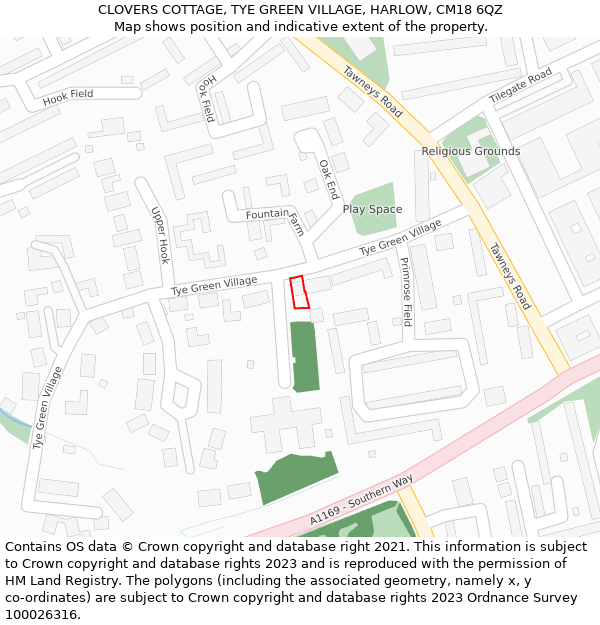 CLOVERS COTTAGE, TYE GREEN VILLAGE, HARLOW, CM18 6QZ: Location map and indicative extent of plot