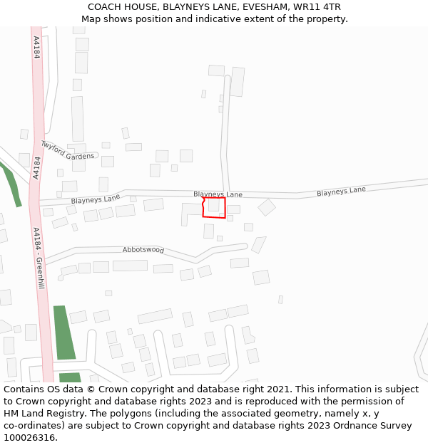 COACH HOUSE, BLAYNEYS LANE, EVESHAM, WR11 4TR: Location map and indicative extent of plot