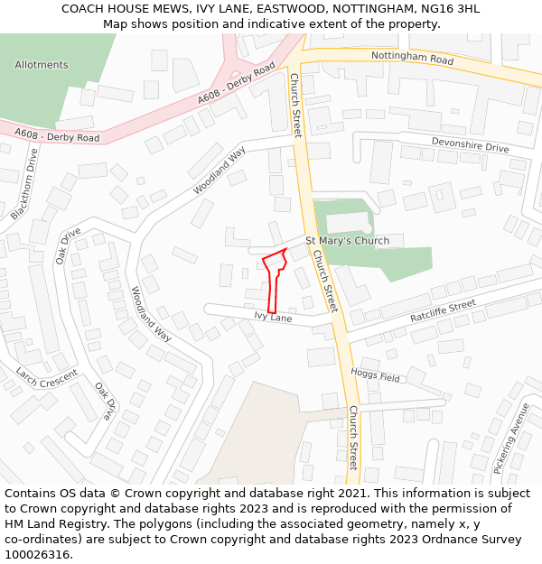COACH HOUSE MEWS, IVY LANE, EASTWOOD, NOTTINGHAM, NG16 3HL: Location map and indicative extent of plot