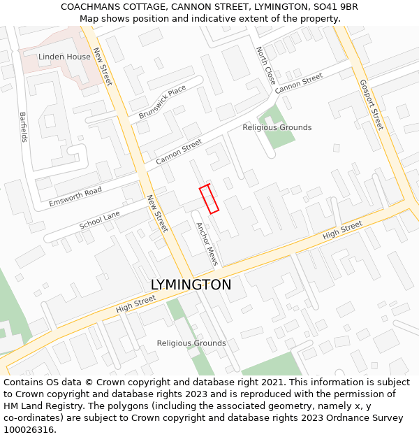 COACHMANS COTTAGE, CANNON STREET, LYMINGTON, SO41 9BR: Location map and indicative extent of plot