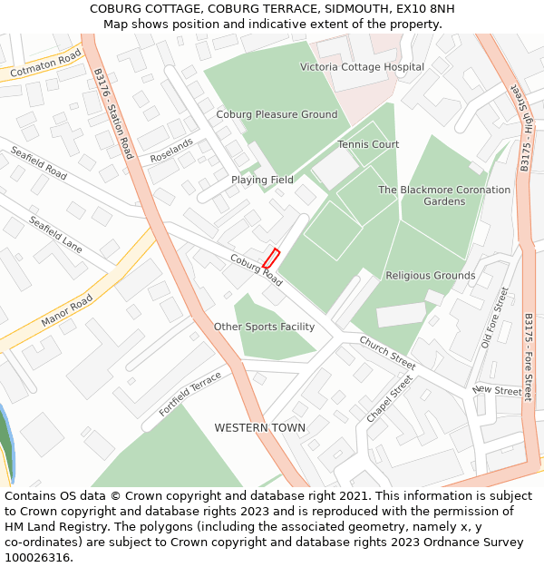 COBURG COTTAGE, COBURG TERRACE, SIDMOUTH, EX10 8NH: Location map and indicative extent of plot