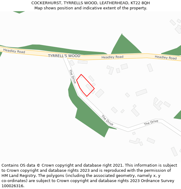 COCKERHURST, TYRRELLS WOOD, LEATHERHEAD, KT22 8QH: Location map and indicative extent of plot