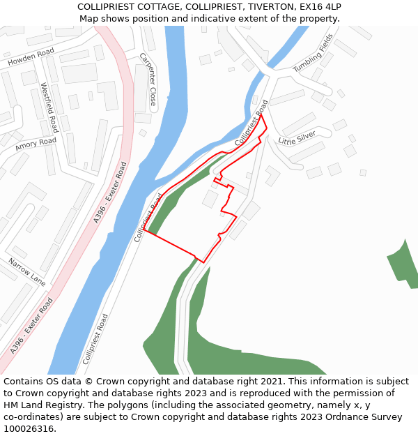 COLLIPRIEST COTTAGE, COLLIPRIEST, TIVERTON, EX16 4LP: Location map and indicative extent of plot