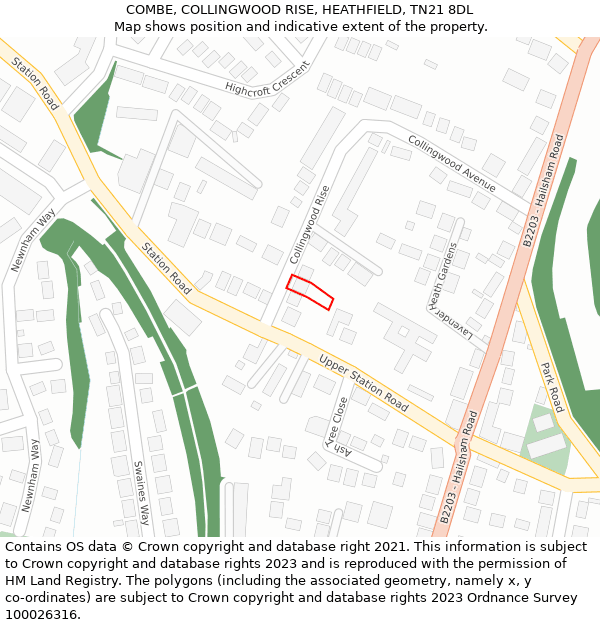 COMBE, COLLINGWOOD RISE, HEATHFIELD, TN21 8DL: Location map and indicative extent of plot