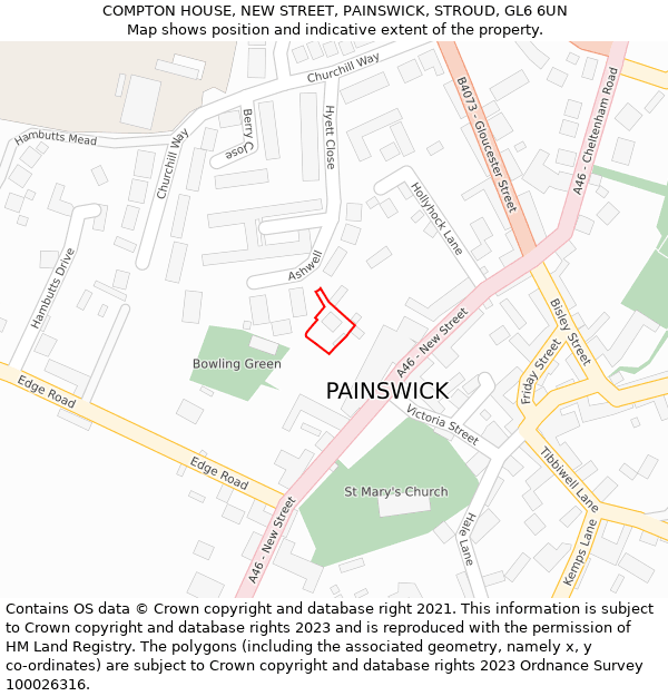 COMPTON HOUSE, NEW STREET, PAINSWICK, STROUD, GL6 6UN: Location map and indicative extent of plot