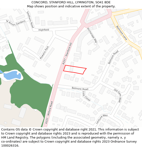 CONCORD, STANFORD HILL, LYMINGTON, SO41 8DE: Location map and indicative extent of plot