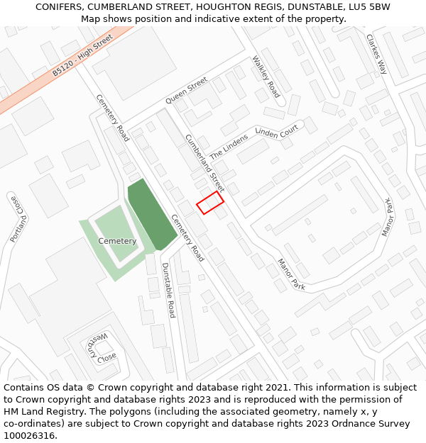 CONIFERS, CUMBERLAND STREET, HOUGHTON REGIS, DUNSTABLE, LU5 5BW: Location map and indicative extent of plot