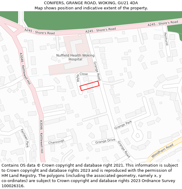 CONIFERS, GRANGE ROAD, WOKING, GU21 4DA: Location map and indicative extent of plot