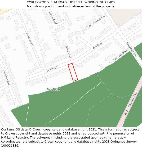 COPLEYWOOD, ELM ROAD, HORSELL, WOKING, GU21 4DY: Location map and indicative extent of plot