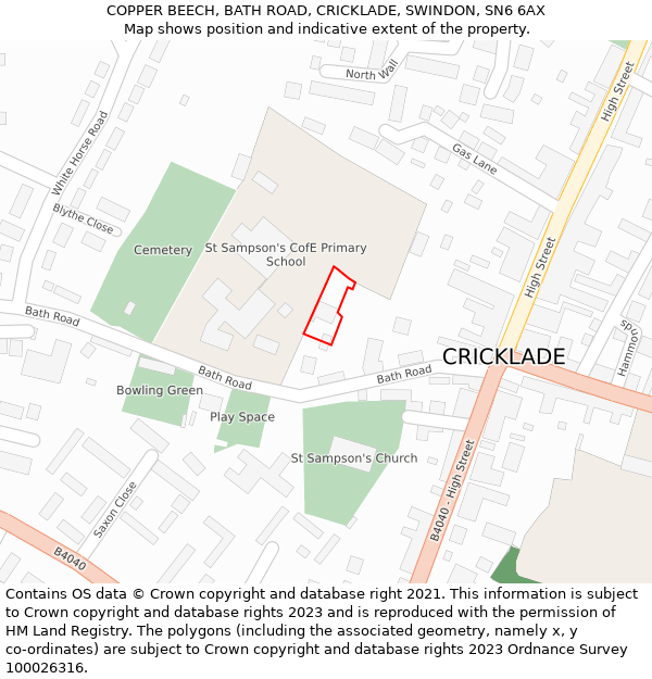 COPPER BEECH, BATH ROAD, CRICKLADE, SWINDON, SN6 6AX: Location map and indicative extent of plot