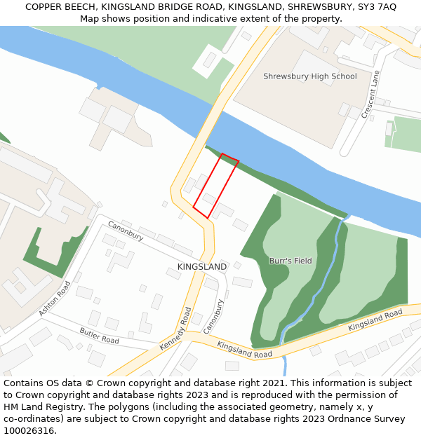 COPPER BEECH, KINGSLAND BRIDGE ROAD, KINGSLAND, SHREWSBURY, SY3 7AQ: Location map and indicative extent of plot