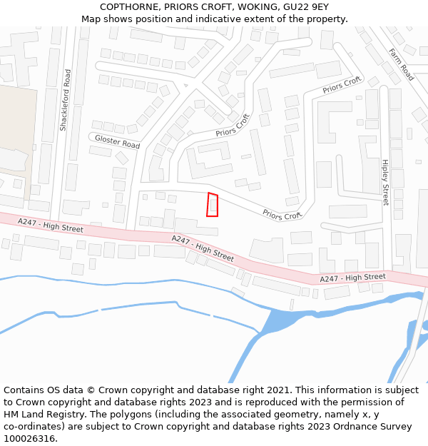 COPTHORNE, PRIORS CROFT, WOKING, GU22 9EY: Location map and indicative extent of plot