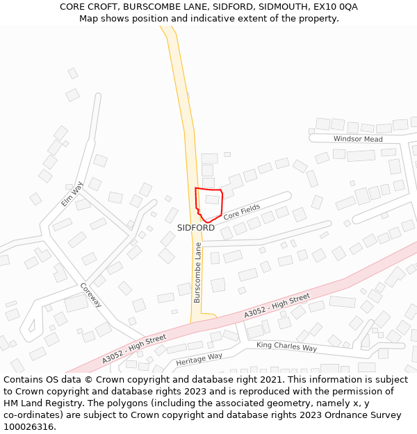 CORE CROFT, BURSCOMBE LANE, SIDFORD, SIDMOUTH, EX10 0QA: Location map and indicative extent of plot