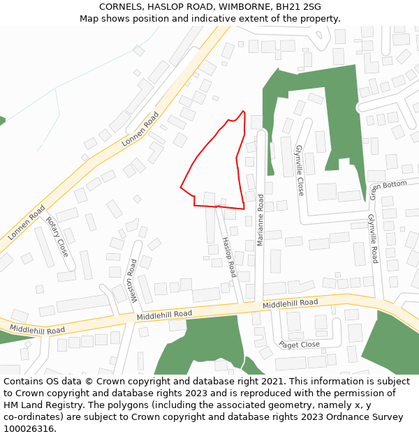 CORNELS, HASLOP ROAD, WIMBORNE, BH21 2SG: Location map and indicative extent of plot